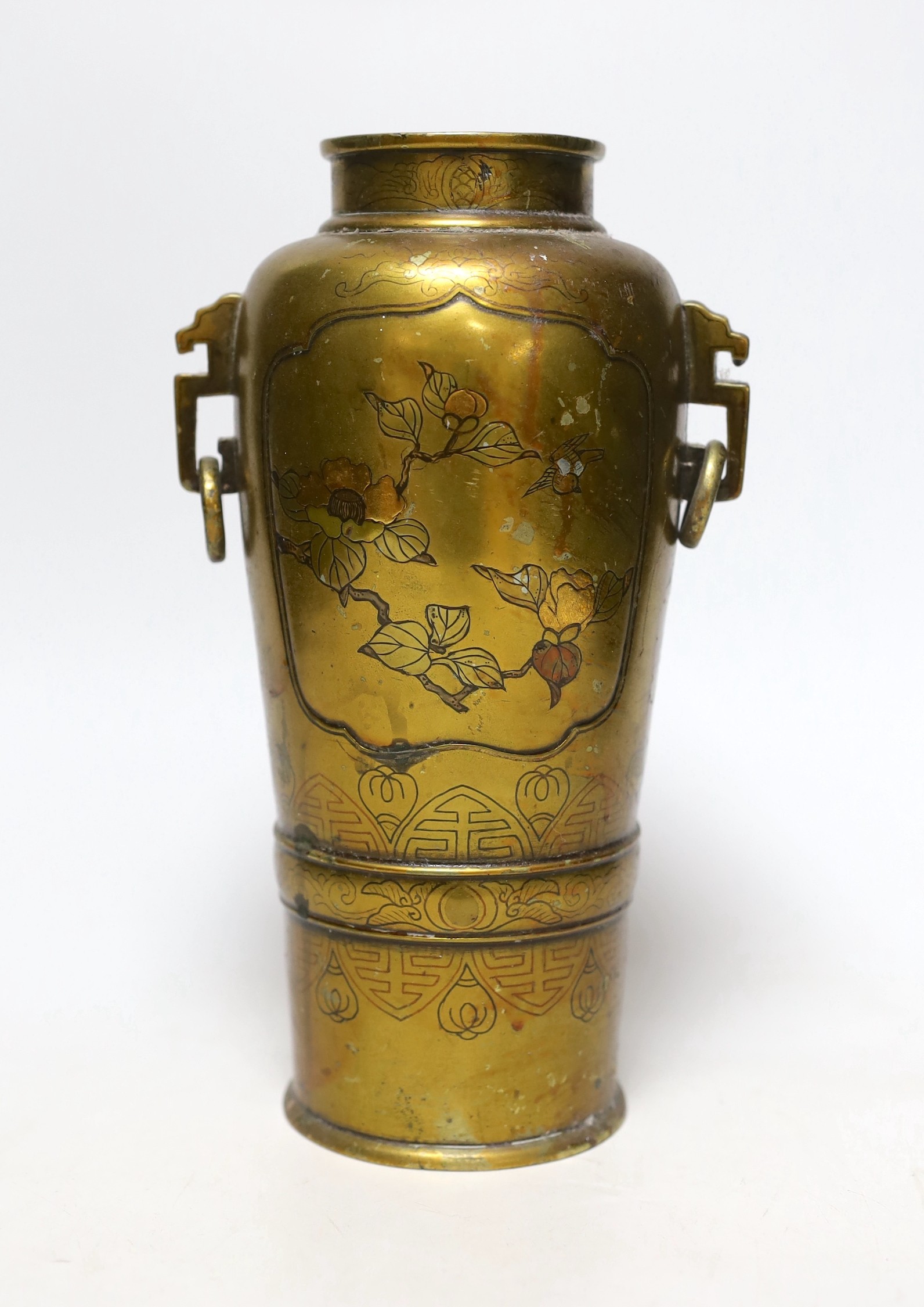 A Japanese bronze and mixed metal vase, later varnished, 24cms high